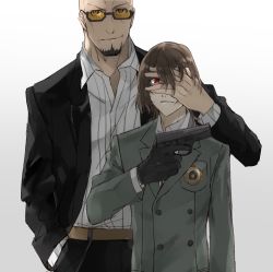 Rule 34 | 10s, akechi gorou, bald, beard, brown hair, expressionless, facial hair, father and son, glasses, gloves, gun, hand on another&#039;s face, handgun, kanro (3637 3637), male focus, persona, persona 5, red eyes, shidou masayoshi, sig p228/p229, sig sauer, smirk, spoilers, weapon