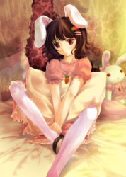 Rule 34 | 1girl, :x, animal ears, bad id, bad pixiv id, bed, brown eyes, brown hair, female focus, hair ornament, hairclip, heart, inaba tewi, lilithbloody, pantyhose, pillow, rabbit ears, sitting, solo, stuffed animal, stuffed toy, touhou, v arms, white pantyhose