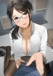 Rule 34 | 1girl, 1other, absurdres, black bra, black eyes, black footwear, black hair, black pantyhose, blush, bra, breasts, brown skirt, chair, cleavage, collarbone, collared shirt, dress shirt, eyelashes, fingernails, glasses, hair between eyes, highres, holding necktie, indoors, large breasts, lips, long hair, long sleeves, looking at viewer, mature female, miniskirt, necktie, no shoes, office lady, open mouth, original, pantyhose, parted lips, pov, sakura no tomoru hi e, see-through, see-through bra, shirt, sitting, skirt, smile, solo focus, tight clothes, underwear, wariza, white shirt, wing collar