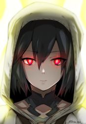 Rule 34 | 1girl, brown hair, cloak, collar, collarbone, commentary request, expressionless, fate/grand order, fate (series), glowing, glowing eyes, hair between eyes, head only, highres, hood, hood up, hooded cloak, looking at viewer, ortlinde (fate), portrait, red eyes, short hair, solo, torichamaru, twitter username, valkyrie (fate), yellow background