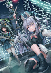 Rule 34 | aircraft, animal ear headphones, blue archive, blush, bolt action, cityscape, commentary request, fake animal ears, fingerless gloves, gloves, gun, halo, headphones, helicopter, helmet, highres, hirokazu (analysis-depth), ladder, looking at viewer, miyako (blue archive), miyu (blue archive), night, open mouth, pantyhose, purple eyes, rifle, saki (blue archive), school uniform, serafuku, tactical clothes, weapon