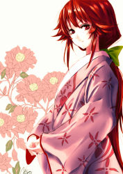 Rule 34 | 1girl, female focus, flower, japanese clothes, kotohime (touhou), kuronuko neero, long hair, looking at viewer, red eyes, red hair, smile, solo, touhou, touhou (pc-98)