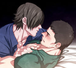 Rule 34 | 2boys, bad id, bad pixiv id, bara, bed, black hair, blouse, blue shirt, blush, castella, chris redfield, closed eyes, collared shirt, facial hair, green shirt, large pectorals, leon s. kennedy, lying, male focus, multiple boys, muscular, muscular male, on back, on bed, parted lips, pectorals, resident evil, resident evil 6, shirt, short hair, stubble, yaoi