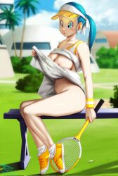 Rule 34 | 1girl, bench, blue eyes, blue hair, blurry, blurry background, blush, breasts, breasts out, bulma, clothes lift, cloud, day, dragon ball, dragonball z, feet, female focus, from side, full body, grass, hair tied, highres, holding, holding racket, large breasts, legs, lifting own clothes, looking away, navel, nipples, no panties, novasayajingoku, outdoors, parted lips, ponytail, racket, shirt, shoes, sitting, skirt, skirt lift, sky, sleeveless, sleeveless shirt, solo, sportswear, sweat, tennis racket, tennis uniform, thighs, tree, visor cap