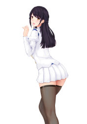 Rule 34 | 1girl, absurdres, azur lane, bad id, bad pixiv id, black hair, black thighhighs, blush, brown eyes, chenche-jun, choukai (azur lane), commentary request, from behind, graphite (medium), hand up, highres, long hair, long sleeves, looking at viewer, looking back, open mouth, panties, pantyshot, pleated skirt, puffy sleeves, shiny skin, simple background, skirt, smile, solo, thighhighs, traditional media, underwear, uniform, white background, white skirt, zettai ryouiki