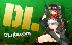 Rule 34 | 1girl, between breasts, bikini, boots, breasts, camouflage, cleavage, coat, dille blood, dlsite.com, goggles, gun, handgun, helmet, highres, mauser c96, pistol, refeia, semi-automatic firearm, solo, swimsuit, thigh boots, thighhighs, underboob, wallpaper, weapon