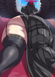 Rule 34 | 1girl, ass, black hair, black thighhighs, black wings, blue archive, blue sky, feathered wings, from behind, from below, garter straps, halo, hasumi (blue archive), highres, kandata nijou, long hair, long skirt, perspective, school uniform, skirt, sky, thighhighs, thighs, wings