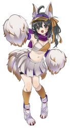 Rule 34 | 1girl, :d, absurdres, ahoge, animal ear fluff, animal ears, black hair, blush, boots, breasts, brown hat, cheerleader, cleavage, commentary request, doroame (ameyu), fang, fox ears, fox girl, fox tail, full body, grey eyes, hair between eyes, hat, highres, holding, kitsune, kneehighs, navel, open mouth, orange socks, original, pleated skirt, pom pom (cheerleading), purple scarf, scarf, side ponytail, simple background, skirt, small breasts, smile, socks, solo, sweat, tail, visor cap, white background, white footwear, white skirt