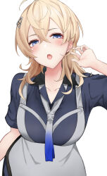 Rule 34 | 1girl, black dress, black skirt, blonde hair, blue eyes, blue necktie, blue shirt, blush, breasts, collarbone, collared shirt, dress, grey dress, grey necktie, hair ornament, hairclip, highres, kamidanomi, kantai collection, large breasts, long hair, looking at viewer, necktie, open mouth, shirt, short sleeves, simple background, skirt, solo, tuscaloosa (kancolle), white background
