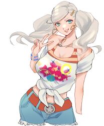 Rule 34 | 1girl, aqua eyes, belt, bikini, blue nails, blue shorts, breasts, brown belt, cleavage, collarbone, earrings, floating hair, grey hair, hair ornament, hairclip, heart, heart earrings, highres, jewelry, kame misaki, large breasts, long hair, looking at viewer, navel, necklace, off-shoulder shirt, off shoulder, persona, persona 5, persona 5 scramble: the phantom strikers, shirt, shorts, smile, solo, striped bikini, striped clothes, swimsuit, takamaki anne, tied shirt, twintails, v, white background, white shirt