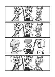 3girls, animal ears, arabian oryx (kemono friends), bag, bangs, bare shoulders, camisole, cellval, chibi, elbow gloves, eyebrows visible through hair, gazelle ears, gazelle horns, gazelle tail, gloves, greyscale, highres, holding, holding weapon, horns, kemono friends, kemono friends 3, kotobuki (tiny life), long sleeves, looking at another, medium hair, monochrome, motion lines, multicolored hair, multiple girls, pants, pointing, pointing at another, polearm, shirt, short over long sleeves, short sleeves, shoulder bag, skirt, sparkle, tail, tail through clothes, tail wagging, thomson&#039;s gazelle (kemono friends), translation request, weapon