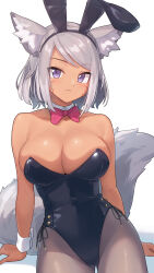 Rule 34 | 1girl, absurdres, animal ears, arukiru, black leotard, bow, bowtie, breasts, cleavage, closed mouth, collarbone, detached collar, final fantasy, final fantasy xiv, grey hair, grey pantyhose, highres, large breasts, leotard, looking at viewer, miqo&#039;te, pantyhose, pink bow, pink bowtie, playboy bunny, purple eyes, simple background, smile, solo, tail, white background