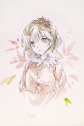 Rule 34 | 1girl, aki shizuha, blonde hair, cropped torso, dress, hair ornament, highres, ikeda ruriko, jacket, leaf, maple leaf, paper, portrait, red dress, red jacket, simple background, smile, solo, touhou, traditional media, waterpaint, white background, yellow eyes