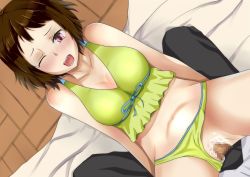 Rule 34 | 10s, 1girl, bare shoulders, bed, blush, breasts, brown hair, censored, cleavage, girl on top, hyouka, ibara mayaka, lying, open mouth, penis, pink eyes, pussy, saliva, sex, short hair, swimsuit, vaginal, wink