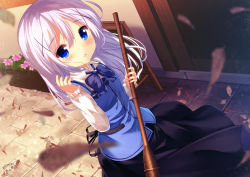 Rule 34 | 1girl, bamboo broom, black skirt, blue bow, blue eyes, blue hair, blue vest, blurry, blurry foreground, blush, bow, broom, chinomaron, collared shirt, commentary request, day, depth of field, dress shirt, flower, gochuumon wa usagi desu ka?, hair between eyes, hair ornament, hand up, holding, holding broom, kafuu chino, leaf, long hair, looking at viewer, outdoors, parted lips, pink flower, rabbit house uniform, shirt, sign, signature, skirt, solo, standing, twitter username, uniform, very long hair, vest, waitress, white shirt, x hair ornament
