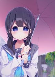 Rule 34 | 1girl, black sailor collar, blue neckerchief, blush, brown hair, chikuwa., closed mouth, commentary request, day, hair between eyes, hands up, highres, holding, holding umbrella, long hair, long sleeves, looking at viewer, low twintails, neckerchief, original, outdoors, pink umbrella, purple eyes, rain, sailor collar, school uniform, serafuku, shirt, sleeves past wrists, solo, tree, twintails, umbrella, water, white shirt