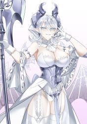 Rule 34 | 1girl, absurdres, breasts, demon girl, demon horns, dress, duel monster, grin, halberd, highres, holding, holding polearm, holding weapon, horns, large breasts, leotard, looking at viewer, lovely labrynth of the silver castle, low wings, pointy ears, polearm, smile, synchroman, thighhighs, twintails, weapon, white dress, white eyes, white hair, wings, yu-gi-oh!, zettai ryouiki