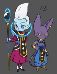 Rule 34 | 10s, 2boys, animal ears, beerus, blue skin, cat boy, cat ears, cat tail, chibi, colored sclera, colored skin, dragon ball, dragon ball super, egyptian clothes, grey background, hachibani, hand on own hip, lowres, male focus, multiple boys, purple eyes, purple skin, simple background, tail, whis, white hair, yellow sclera