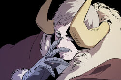 Rule 34 | 1boy, black background, brown cloak, brown hair, claws, cloak, closed mouth, commentary request, daki info, dungeon meshi, fur-trimmed cloak, fur collar, fur trim, gauntlets, grey eyes, hand up, horns, korean commentary, laios touden, light brown hair, looking at viewer, male focus, short hair, simple background, very short hair