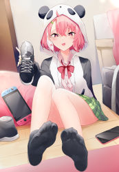 Rule 34 | 1girl, ahoge, animal ears, animal hood, arm behind back, arm support, bag, bedroom, black jacket, black socks, blush, bow, bowtie, cellphone, commentary request, crossed bangs, cum, cum on clothes, cum on shoes, dutch angle, fang, feet, unworn footwear, foreshortening, full body, green nails, green skirt, handheld game console, highres, holding, holding clothes, holding footwear, holding shoes, hood, hood up, hooded jacket, indoors, jacket, knees together feet apart, knees up, kou futoshi, legs, looking at viewer, medium hair, multicolored clothes, multicolored hair, multicolored jacket, nail polish, nijisanji, nintendo, nintendo switch, no shoes, panda ears, panda hood, phone, pink eyes, pink hair, pink shirt, plaid, plaid clothes, plaid skirt, print clothes, print skirt, red bow, red bowtie, sasaki saku, school bag, school uniform, shirt, shoes, unworn shoes, sidelocks, sitting, skin fang, skirt, smartphone, sneakers, socks, soles, solo, streaked hair, thighs, toes, virtual youtuber, white hair, white jacket, wooden floor