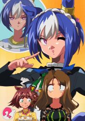 Rule 34 | 3girls, ?, absurdres, ahoge, animal ears, anime coloring, blue hair, blush, braid, breasts, brown hair, casual, cesario (umamusume), commentary request, crown braid, eating, food in mouth, hair ornament, highres, horse ears, horse girl, horse tail, king halo (umamusume), looking at viewer, medium hair, multiple girls, one eye closed, pointing, pointing at self, rhein kraft (umamusume), sin emu, tail, umamusume
