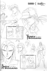 Rule 34 | 2boys, andy bogard, child, concept art, fatal fury, gloves, greyscale, hat, highres, jacket, kicking, monochrome, multiple boys, muscular, oobari masami, ponytail, sketch, snk, terry bogard