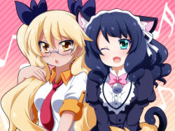 Rule 34 | 10s, 2girls, ;d, animal ears, bell, black hair, blonde hair, blush, cat ears, cat tail, curly hair, cyan (show by rock!!), dog tail, fang, glasses, green eyes, hair ribbon, hairband, highres, long hair, looking at another, looking at viewer, multiple girls, necktie, oborotsuki kakeru, one eye closed, open mouth, red necktie, retoree (show by rock!!), ribbon, short hair, show by rock!!, simple background, smile, striped, striped background, tail, tareme, tsurime, twintails, very long hair, yellow eyes, yuri