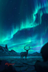 Rule 34 | animal, artist name, aurora, highres, moose, mountainous horizon, night, night sky, no humans, original, outdoors, rajawat, signature, sky, watermark