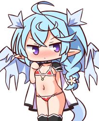 Rule 34 | 1girl, ahoge, bikini, black thighhighs, blue wings, blush, braid, cape, chibi, closed mouth, commentary request, dragon girl, dragon horns, dragon tail, dragon wings, flower, groin, hair between eyes, hair flower, hair ornament, hana kazari, hand up, highres, horns, long hair, looking at viewer, navel, nose blush, pointy ears, princess connect!, purple eyes, red bikini, sheffy (princess connect!), simple background, single braid, solo, swimsuit, tail, thighhighs, v-shaped eyebrows, very long hair, white background, white cape, white flower, wings