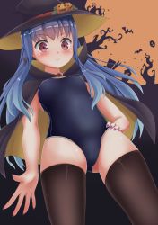 Rule 34 | 1girl, akizuki (akizuki71), black cape, black thighhighs, blue hair, blush, cape, closed mouth, female focus, from below, hand on own hip, hat, highres, hinanawi tenshi, looking at viewer, looking down, nail polish, one-piece swimsuit, pumpkin, red eyes, smile, solo, standing, swimsuit, thighhighs, touhou