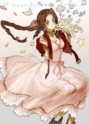 Rule 34 | 1girl, aerith gainsborough, boots, bracelet, braid, braided ponytail, breasts, brown hair, bug, butterfly, choker, cropped jacket, dress, falling petals, final fantasy, final fantasy vii, final fantasy vii remake, flower, green eyes, grey background, hair ribbon, highres, holding, holding flower, insect, jacket, jewelry, long dress, medium breasts, parted bangs, petals, pink dress, red jacket, ribbon, sidelocks, solo, square enix, talesofmea, upper body, wavy hair, yellow flower