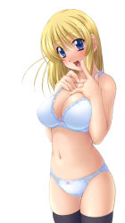 Rule 34 | blonde hair, blue eyes, bra, breasts squeezed together, breasts, ishii akira, large breasts, lingerie, panties, solo, thighhighs, underwear, underwear only
