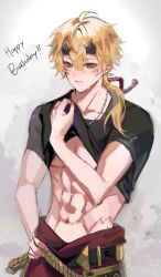 Rule 34 | 1boy, abs, black shirt, blonde hair, clothes lift, cowboy shot, genshin impact, green eyes, hand on own hip, hand up, happy birthday, highres, horns, jewelry, long hair, male focus, mayu mey, muscular, muscular male, necklace, pants, pectorals, red pants, shirt, shirt lift, simple background, solo, sweatdrop, thoma (genshin impact), white background