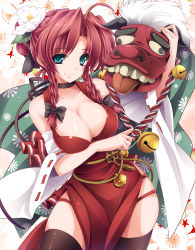 Rule 34 | 1girl, bare shoulders, bell, black thighhighs, braid, breasts, china dress, chinese clothes, choker, cleavage, detached sleeves, dress, female focus, flower, green eyes, hair flower, hair ornament, highres, hong meiling, lion dance, long hair, monety, red hair, ribbon, shishimai, smile, solo, thighhighs, touhou, twin braids