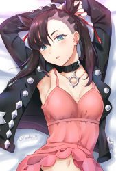 Rule 34 | 1girl, aqua eyes, armpits, arms up, asymmetrical bangs, asymmetrical hair, bad id, bad pixiv id, black hair, black jacket, black nails, blush, breasts, choker, creatures (company), dress, earrings, game freak, hair ribbon, highres, jacket, jewelry, kanden sky, long sleeves, looking at viewer, lying, marnie (pokemon), nail polish, nintendo, on back, open clothes, open mouth, pink dress, pokemon, pokemon swsh, red ribbon, ribbon, solo, twintails, twitter username