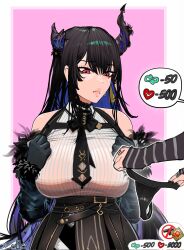 Rule 34 | 2girls, asymmetrical horns, bare shoulders, black hair, blue hair, breasts, colored inner hair, corrupted twitter file, demon horns, e11e, fur trim, hair ornament, highres, hololive, hololive english, horns, huge breasts, large breasts, long hair, meme, mole, mole under eye, multicolored hair, multiple girls, nerissa ravencroft, nerissa ravencroft (1st costume), out of frame, panties, red eyes, shiori novella, sweat, thong, twitter strip game (meme), two-tone hair, underwear, uneven horns, virtual youtuber