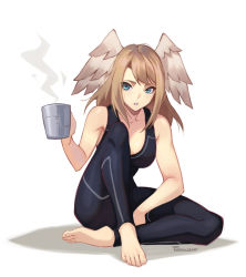 Rule 34 | 1girl, barefoot, black bodysuit, blue eyes, bodysuit, breasts, brown hair, collarbone, commentary, cup, english commentary, eunie (xenoblade), feet, full body, hand up, head wings, highres, holding, holding cup, knee up, legs, long hair, looking to the side, medium breasts, parted lips, phrecklesart, shadow, shiny skin, sidelocks, signature, simple background, sitting, sleeveless, solo, steam, swept bangs, thighs, toes, white background, white wings, wings, xenoblade chronicles (series), xenoblade chronicles 3