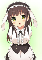 Rule 34 | 1girl, alternate costume, animal ears, apron, arms behind back, bad id, bad pixiv id, black skirt, blunt bangs, blush, bolo tie, breasts, brown hair, collared shirt, commentary request, cowboy shot, cross tie, fake animal ears, floppy ears, frilled apron, frilled shirt, frilled skirt, frills, gochuumon wa usagi desu ka?, gradient background, green eyes, head tilt, long hair, looking at viewer, maid headdress, open mouth, puffy short sleeves, puffy sleeves, rabbit ears, shirt, short sleeves, sidelocks, skirt, small breasts, smile, solo, standing, two-tone background, ujimatsu chiya, underbust, waist apron, white apron, white shirt, wing collar, yukihalbert