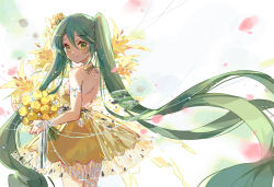 Rule 34 | 1girl, absurdly long hair, absurdres, bare shoulders, blush, bouquet, closed mouth, commentary request, dress, flower, from behind, green eyes, green hair, hair between eyes, hair flower, hair ornament, hatsune miku, highres, holding, holding bouquet, long hair, looking at viewer, looking back, redrawn, see-through, shadowsinking, smile, solo, strapless, strapless dress, twintails, very long hair, vocaloid, white background, yellow dress, yellow flower