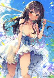Rule 34 | 1girl, absurdres, adjusting hair, bare shoulders, blue sky, blurry, blush, bow, bowtie, breasts, brown eyes, brown hair, chain, chain-link fence, cleavage, closed mouth, cloud, cloudy sky, collarbone, day, depth of field, dress, fence, hair between eyes, highres, large breasts, leaning forward, long hair, looking at viewer, mori airi, original, outdoors, petals, scan, sidelocks, silhouette, sky, smile, solo, spaghetti strap, sunlight, water drop, white dress, wind