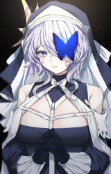 Rule 34 | 1girl, arknights, bare shoulders, black gloves, blue eyes, breasts, commentary request, crying, crying with eyes open, gloves, grey hair, habit, highres, hyeroin, large breasts, long sleeves, looking at viewer, medium hair, official alternate costume, own hands together, solo, tears, upper body, whisperain (arknights), whisperain (priory of abyss) (arknights)