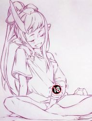 Rule 34 | 1boy, barefoot, blush, bow, censored, closed eyes, commentary request, corrupted twitter file, hair bow, highres, horns, indian style, long hair, male focus, male masturbation, masturbation, monochrome, motion lines, novelty censor, off-shoulder shirt, off shoulder, open mouth, penis, pointy ears, ponytail, shirt, single horn, sitting, smile, solo, t-shirt, traditional media, tsukareta san