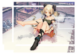 Rule 34 | 1girl, ankleband, arknights, black shirt, black socks, blonde hair, boots, chinese commentary, demon horns, highres, horns, ifrit (arknights), infection monitor (arknights), jacket, knees up, leg up, looking at viewer, material growth, miaodiande yuanshoumiao, off shoulder, open clothes, open jacket, orange eyes, orange panties, orange skirt, oripathy lesion (arknights), panties, panty pull, shirt, short hair, short twintails, single sock, sitting, skirt, slit pupils, socks, solo, strap slip, tongue, tongue out, twintails, underwear, undressing, unworn boots, unworn footwear, white jacket