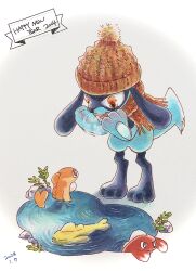 Rule 34 | 2024, beanie, blue fur, brown eyes, brown headwear, brown scarf, commentary request, creatures (company), dated, game freak, gen 4 pokemon, happy new year, hat, highres, maholand, new year, nintendo, plant, pokemon, pokemon (creature), pond, riolu, ripples, rock, scarf, simple background, standing, tail, tatsugiri, tatsugiri (curly), tatsugiri (droopy), tatsugiri (stretchy), water, white background