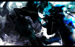 Rule 34 | 10s, 1girl, arm cannon, bad id, bad pixiv id, belt, bikini, bikini top only, black hair, black rock shooter, black rock shooter (character), blue eyes, chain, coat, female focus, flat chest, front-tie top, gloves, glowing, glowing eyes, gun, hood, hooded jacket, jacket, long hair, midriff, navel, pale skin, shirokitsune, short shorts, shorts, solo, star (symbol), swimsuit, twintails, uneven twintails, very long hair, vocaloid, weapon