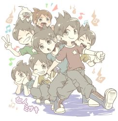 Rule 34 | 10s, 6+boys, amano keita, bad id, bad pixiv id, beamed quavers, blue shirt, blush, boots, brown hair, ghost, green shirt, grin, looking at viewer, male focus, multiple boys, multiple persona, musical note, open mouth, purple lips, quaver, red shirt, shirt, short hair, smile, star (symbol), ticktack chicken, traditional youkai, walking, watch, wavy mouth, whisper (youkai watch), white background, youkai watch, youkai watch (object)