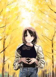 Rule 34 | 1girl, absurdres, black shirt, blue pants, brown hair, brown jacket, day, fingers together, gurifu, highres, jacket, looking at viewer, open clothes, open jacket, original, outdoors, pants, parted bangs, parted lips, red eyes, shirt, solo, tree