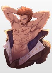 Rule 34 | 1boy, arms behind head, bad id, bad pixiv id, beard, blue eyes, brown hair, chinese commentary, commentary request, cross scar, facial hair, fate/grand order, fate (series), grey background, long sideburns, looking at viewer, male focus, manly, muscular, napoleon bonaparte (fate), open clothes, scar, scar on chest, sideburns, simple background, smile, solo, topless male, waero