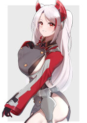 Rule 34 | 1girl, absurdres, azur lane, border, breasts, buttons, clothing cutout, cowboy shot, cross, double-breasted, febicoron, grey background, grey hair, hand on own chest, headgear, highres, iron cross, large breasts, long hair, long sleeves, multicolored hair, orange eyes, prinz eugen (azur lane), red hair, side cutout, sideboob, solo, streaked hair, thighhighs, two side up, white border