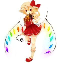 Rule 34 | 1girl, bad id, bad pixiv id, black background, blonde hair, blouse, donacoo, female focus, flandre scarlet, hand on own hip, hat, highres, mob cap, red eyes, shirt, solo, touhou, white hat, white shirt, wings, yuuhi homare